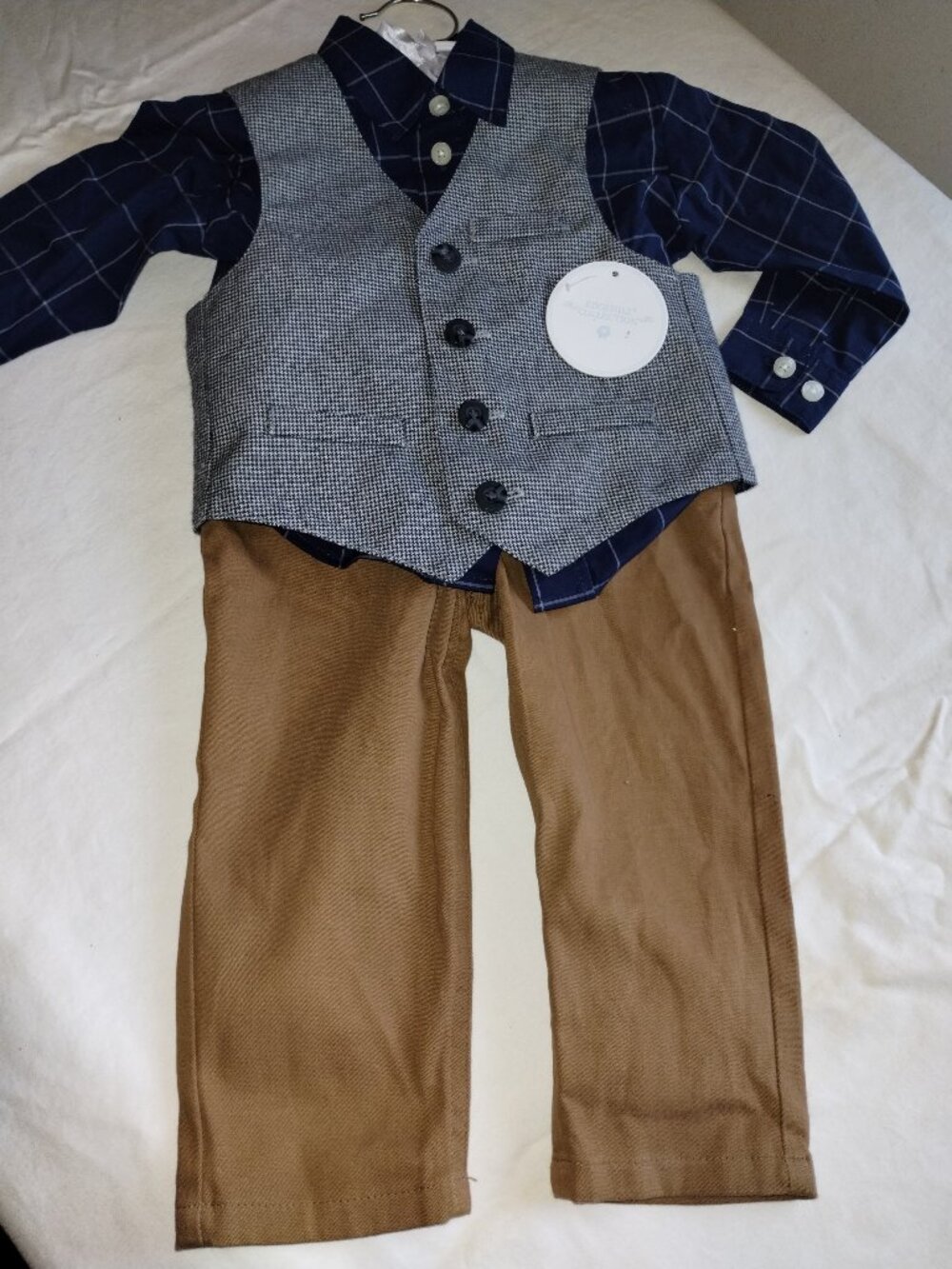 EdgeHill Boys Dress Outfit Navy Plaid Gray Vest Tan Pants (24M)
